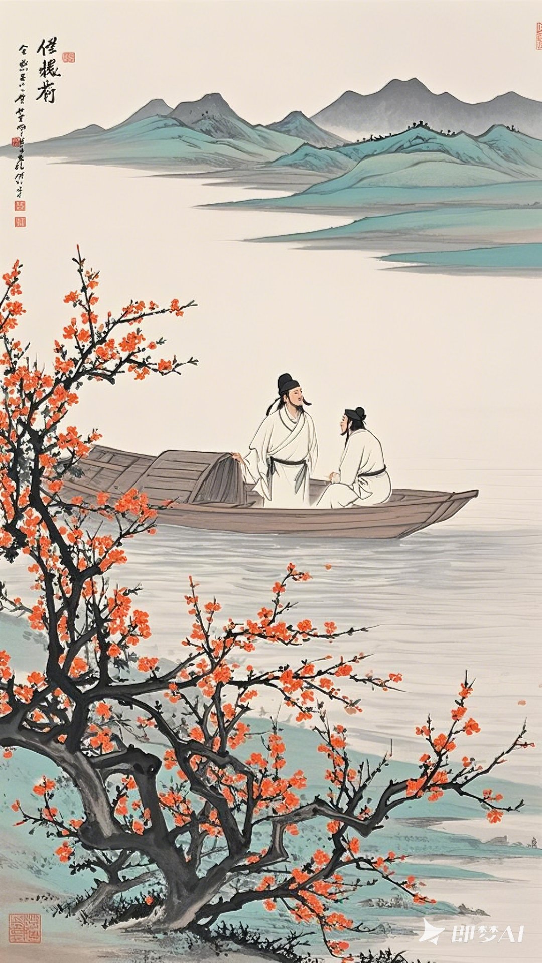 即梦ai,乘一叶扁舟,游于江南烟雨中,两位古人轻舟漫谈,仿佛穿越千年