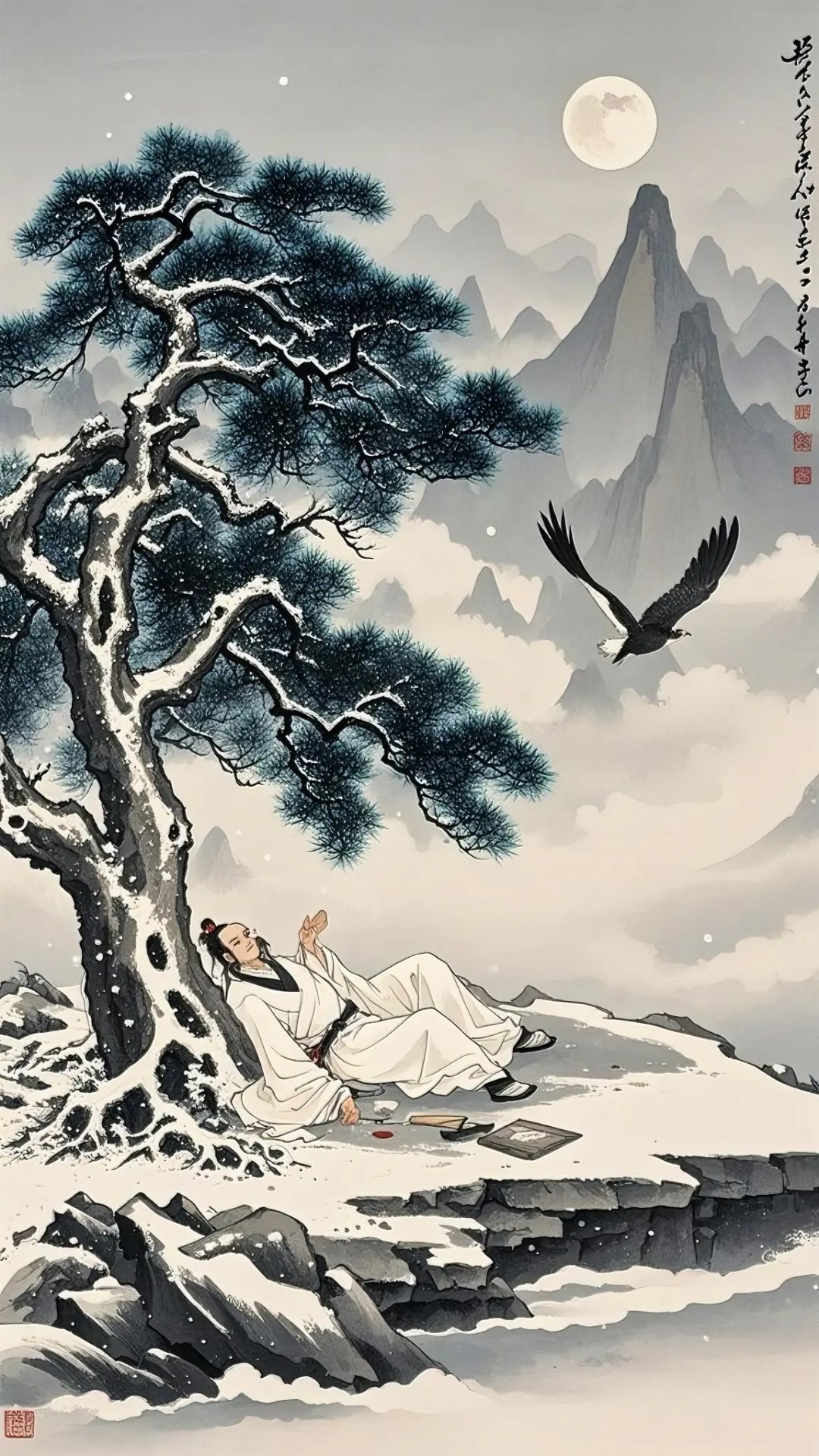 冬夜沉思,松下静坐,仰望飞鸟,心随明月