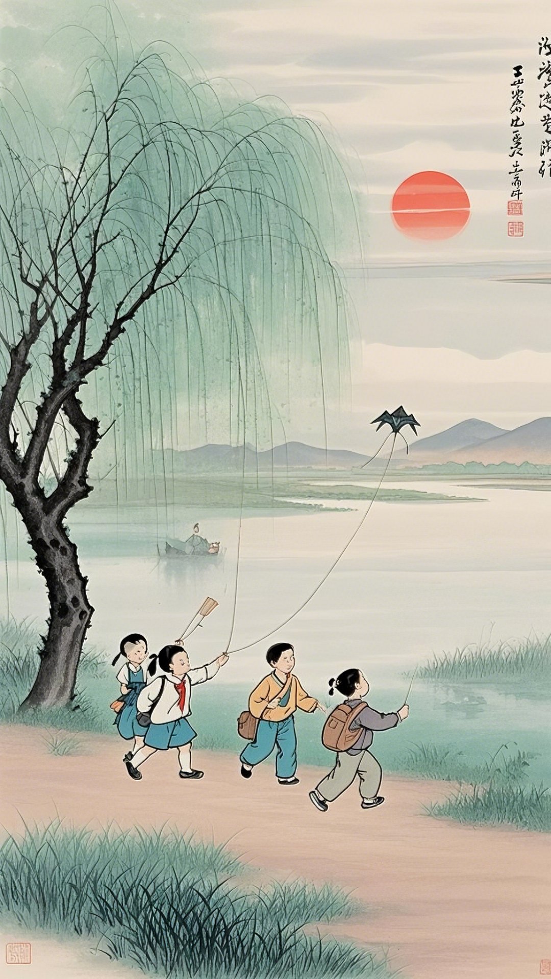 春日踏青去,柳下放风筝,孩童笑语中,共享悠闲时