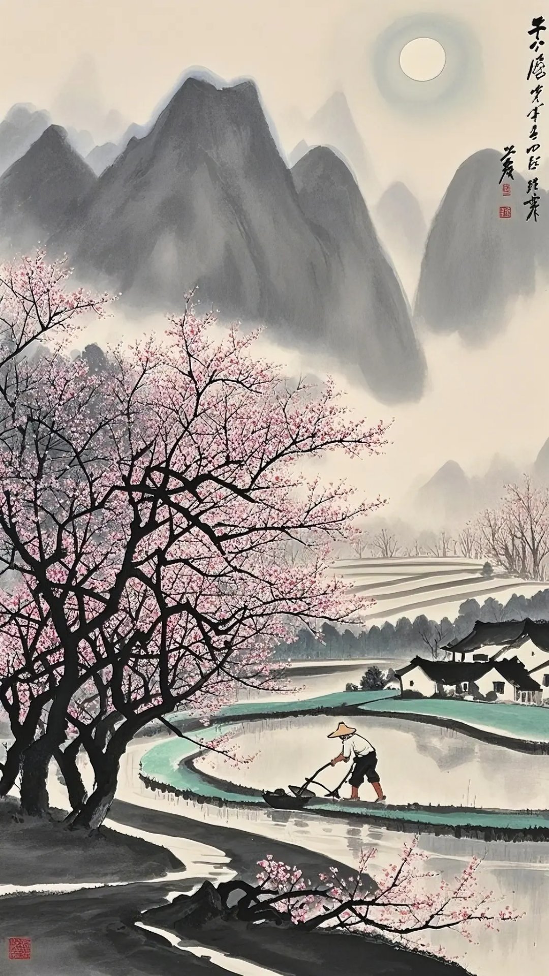 烟波漫处,黛瓦时隐时现,竹篱斜挑杏帘,樵歌与