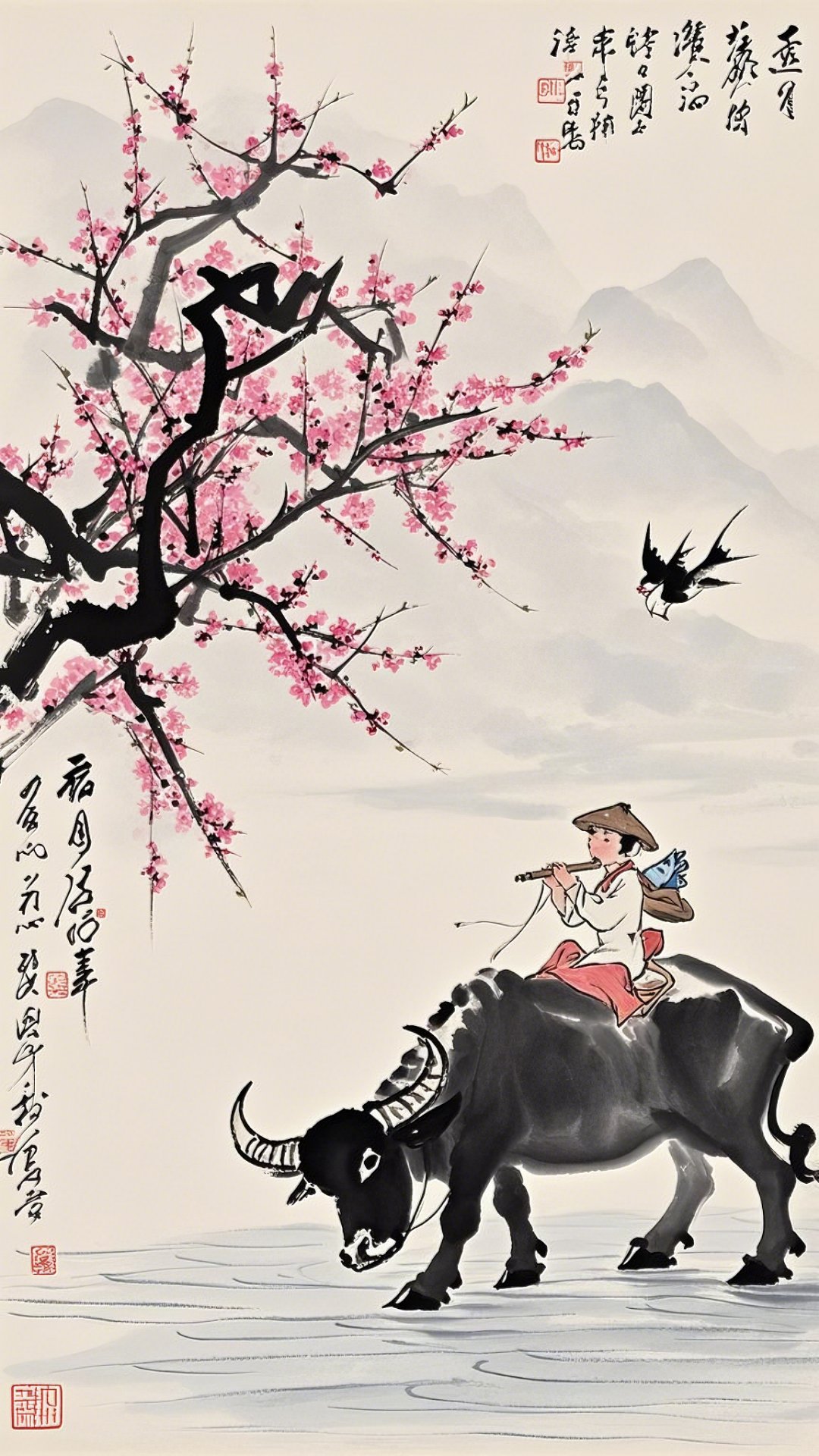 溪畔牛铃摇碎玉,山间牧笛引飞泉