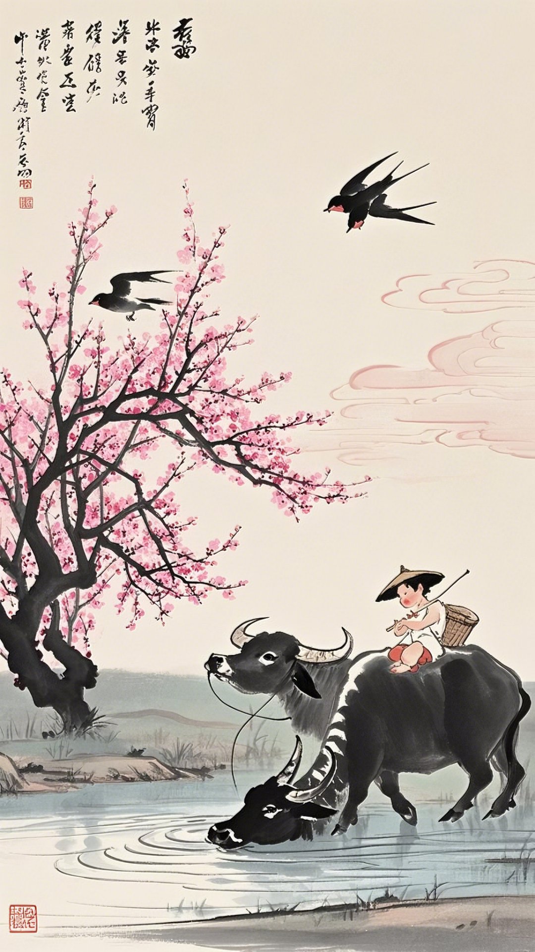 春日踏青,牛儿戏水,孩童骑上悠哉游哉,桃花树下,燕