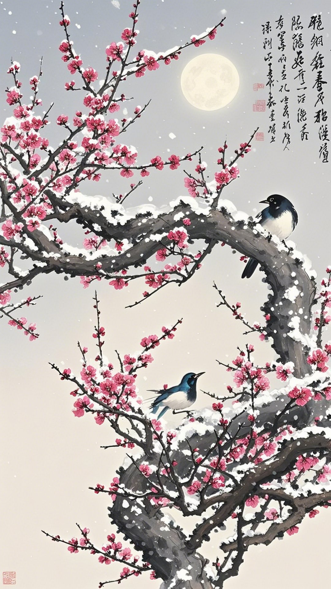 月光下的梅枝上,两只小鸟静静栖息,仿佛在低语春的消息
