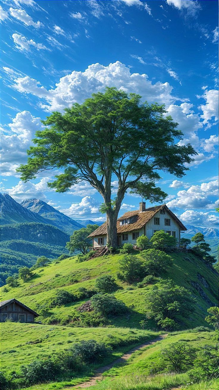 山间小屋,绿意盎然,静谧美好