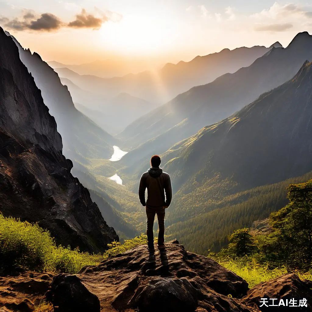站在突出的岩石上,他面向远处的山谷,任由夕阳的余晖洒落在身上