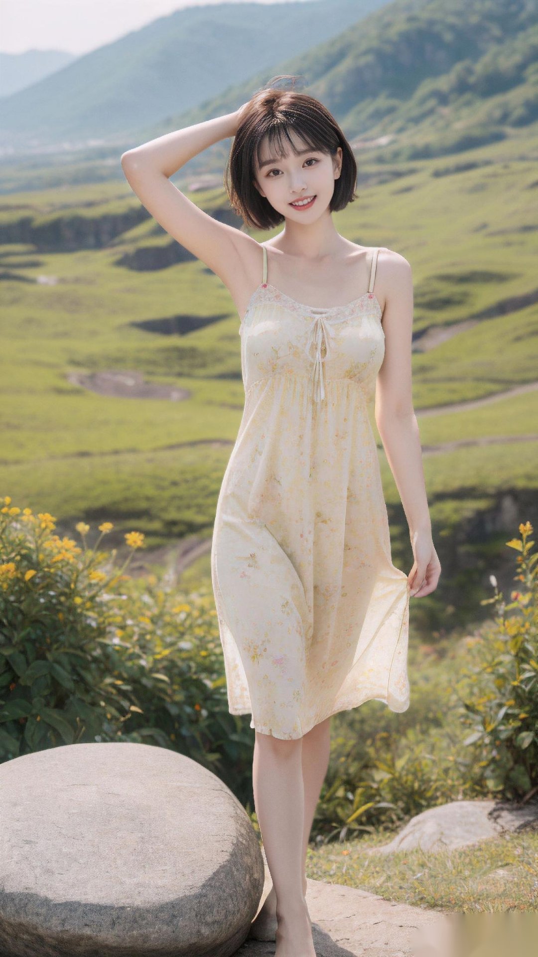 着春风熙熙, 站在五宝庵山脚下穿着薄裙衣, 花枝招展眉飞色舞神采奕奕