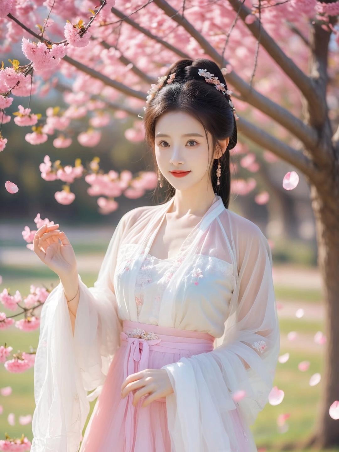 樱花树下,伊人独立.