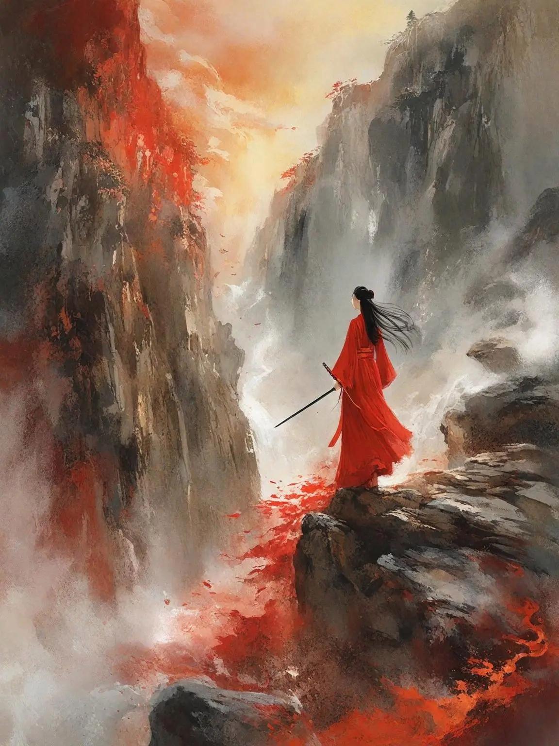 红衣美人走天涯, 执剑寻路问江湖; 群峰突兀顶日月, 大川流水縢瀑布