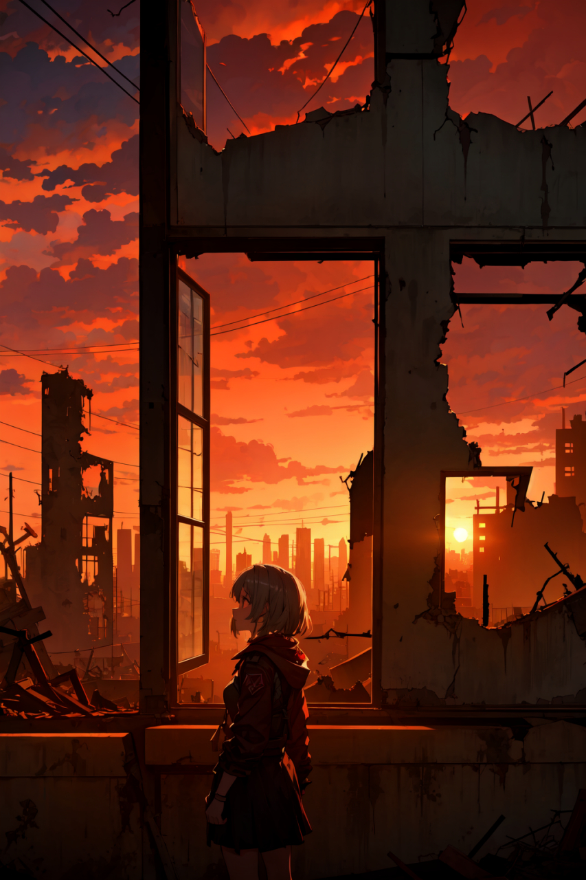 明日方舟末日风格,少女无助的看着窗外的废墟,心情低落 #二次元# #ai