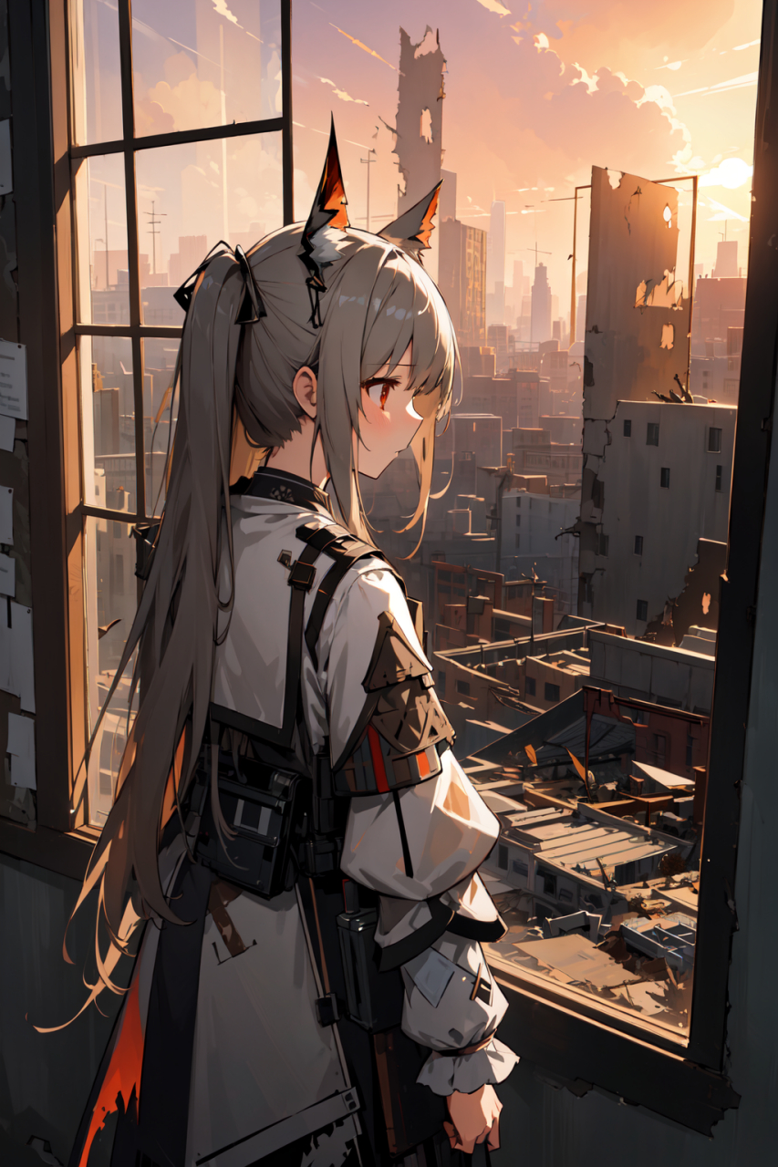 明日方舟末日风格,少女无助的看着窗外的废墟,心情低落 #二次元# #ai