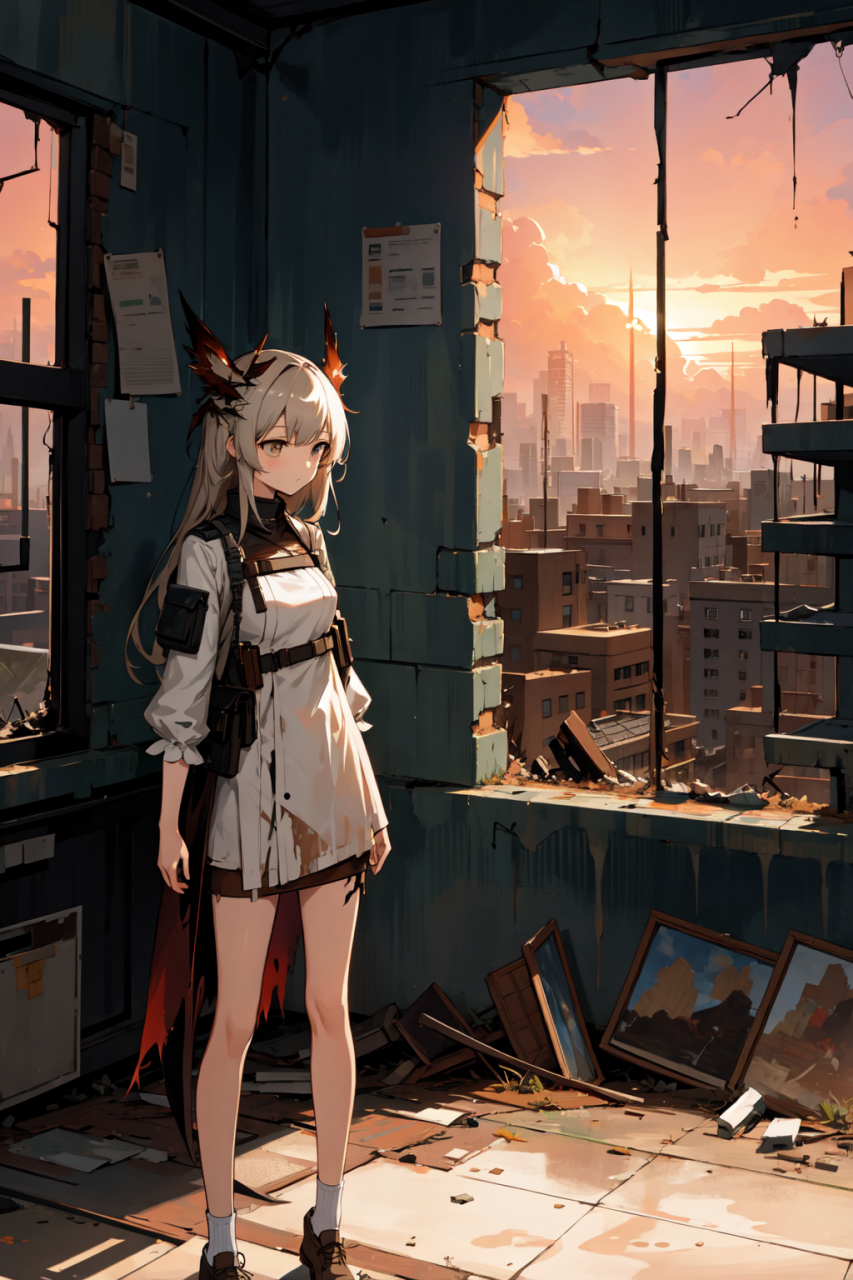明日方舟末日风格,少女无助的看着窗外的废墟,心情低落 #二次元# #ai