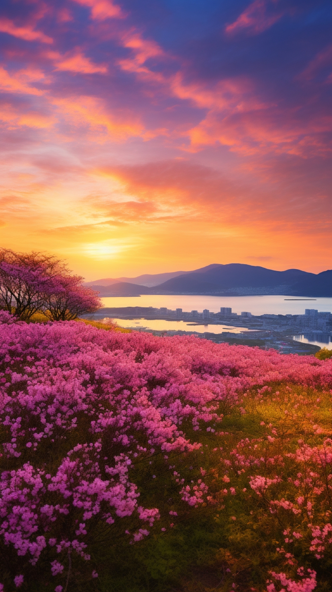 繁花似锦,夕阳如诗  在这宁静的角落,一片花丛悄然绽放,粉红与金黄