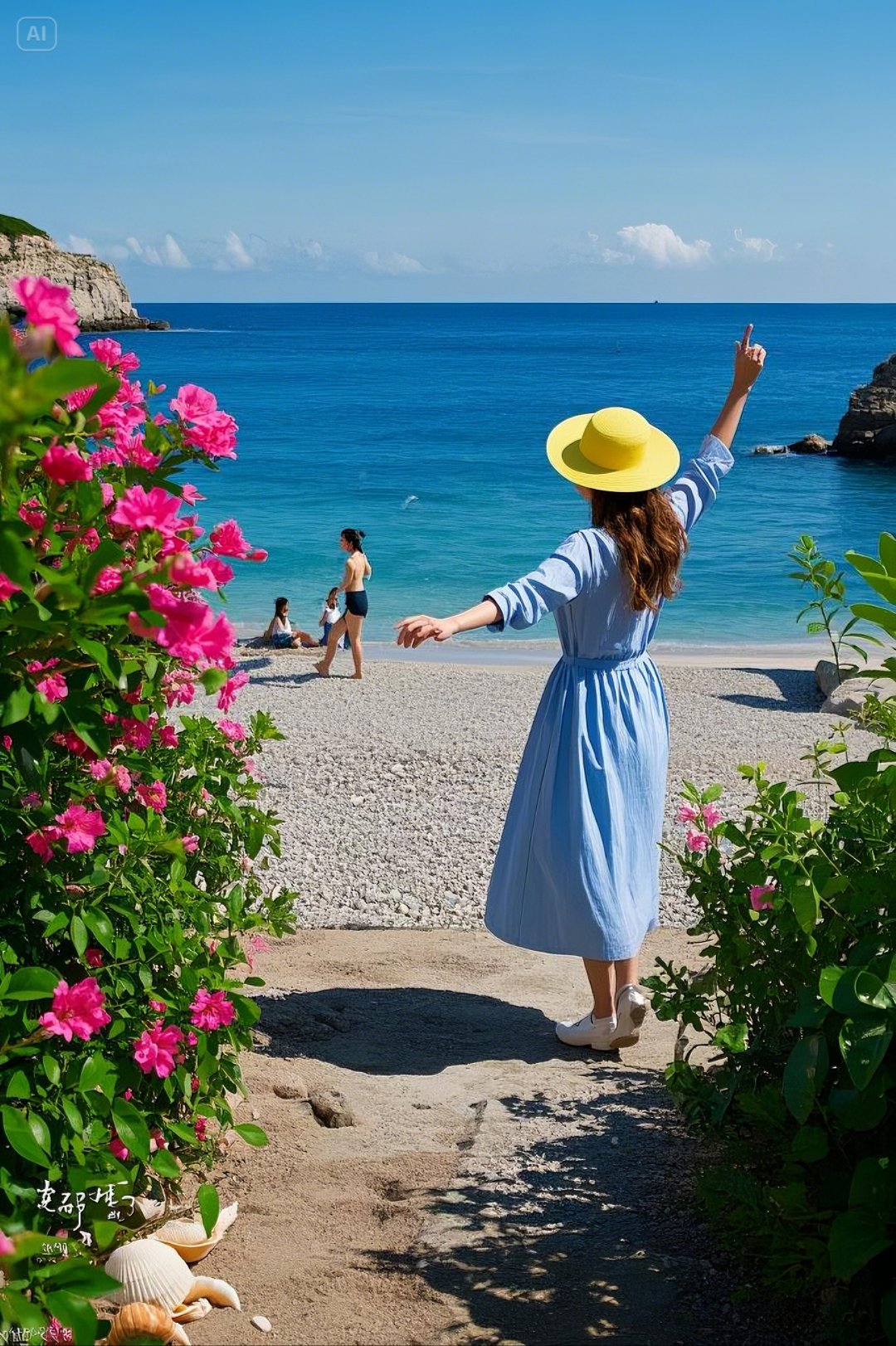 春日赏花时# 漫步花间小径,风吹裙摆轻盈,蓝天大海