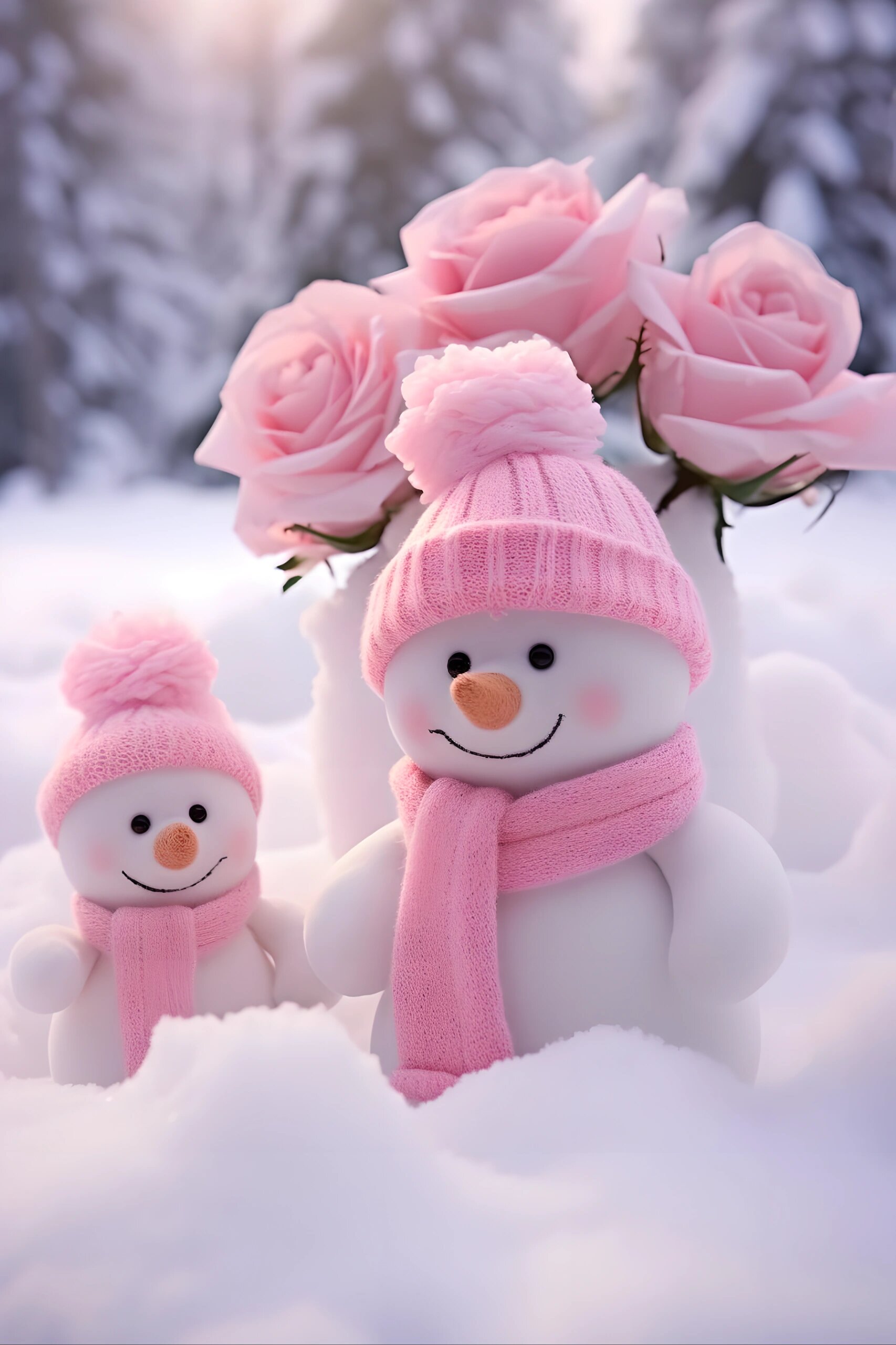 两个雪人静静地站着,粉色帽子和围巾为它们增添了几分柔美.