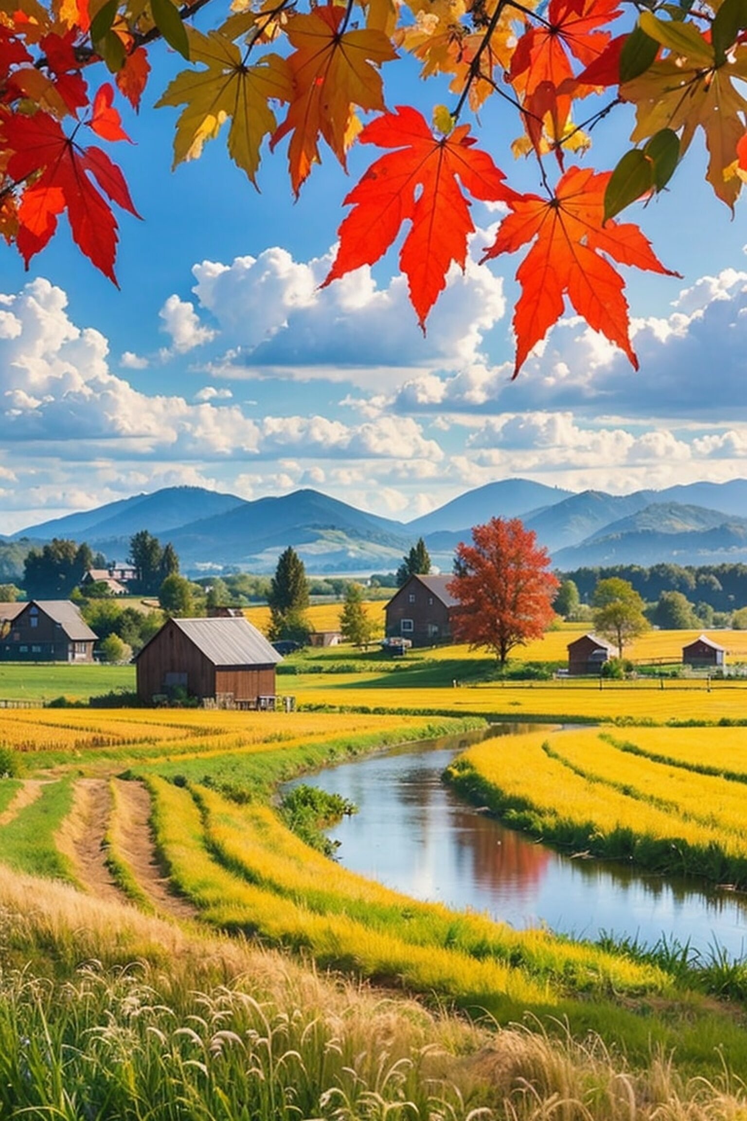 秋天到了,稻田金黄,远处山峦叠翠,炊烟袅袅升起,好一幅