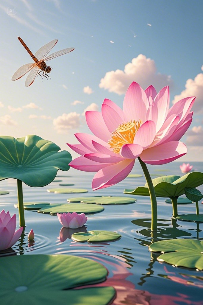 湖面上飘着粉嫩的荷花,还有蜻蜓在飞舞,真是美翻了!