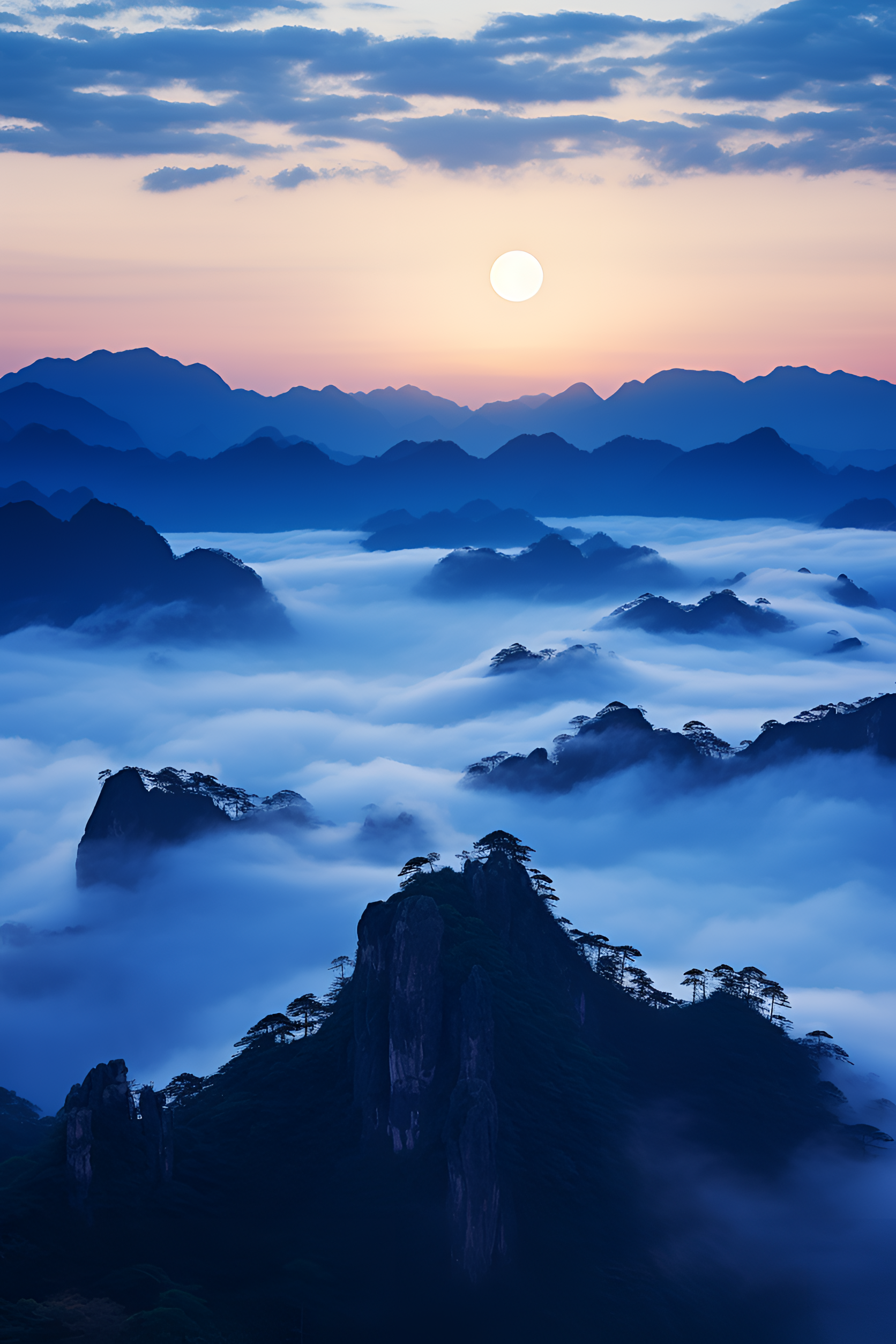 云海之上,日出映山红.松树独立,与天共舞.