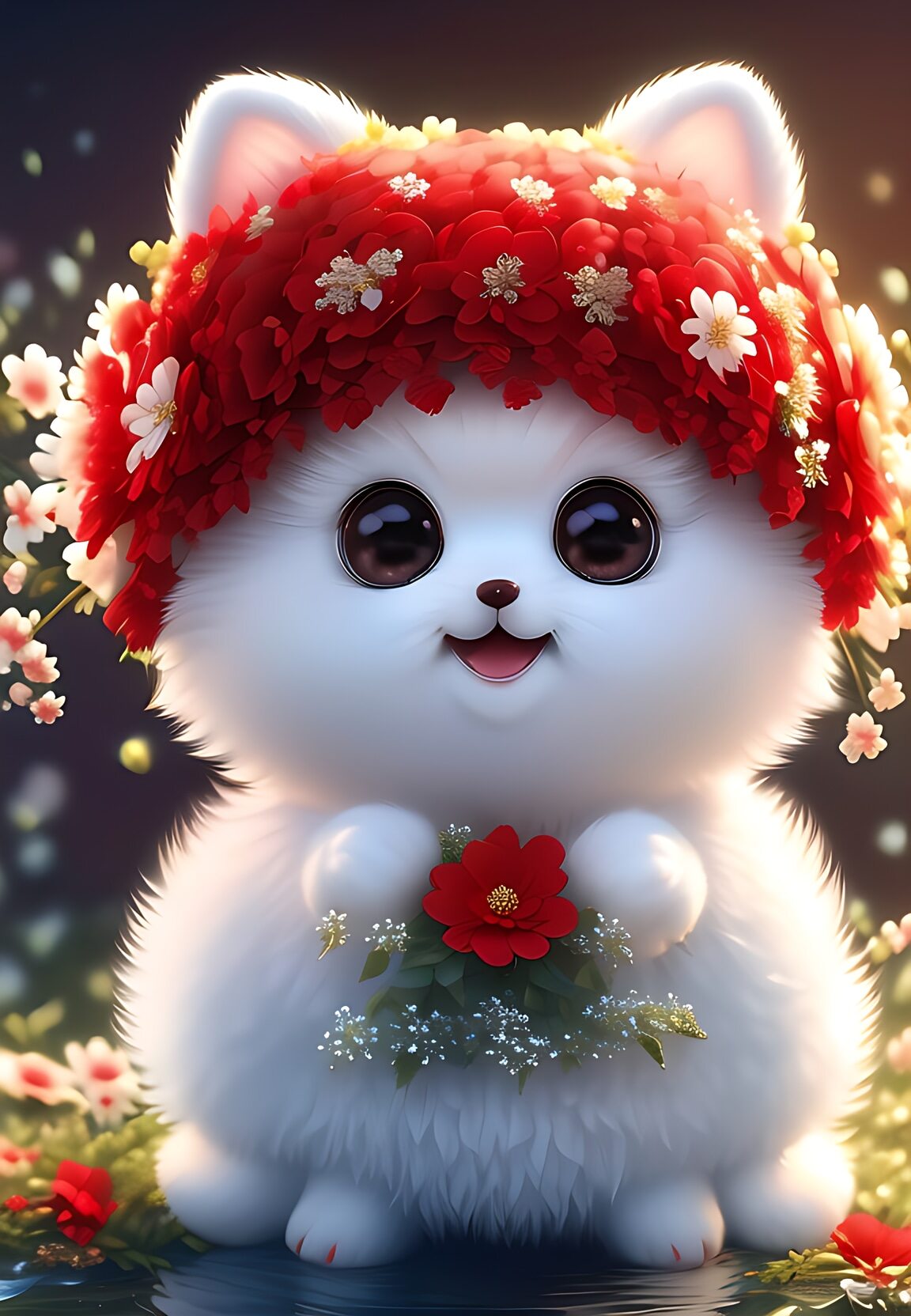 那是一只戴着红花帽的小猫,帽檐下,它的眼眸闪烁着好奇与喜悦.