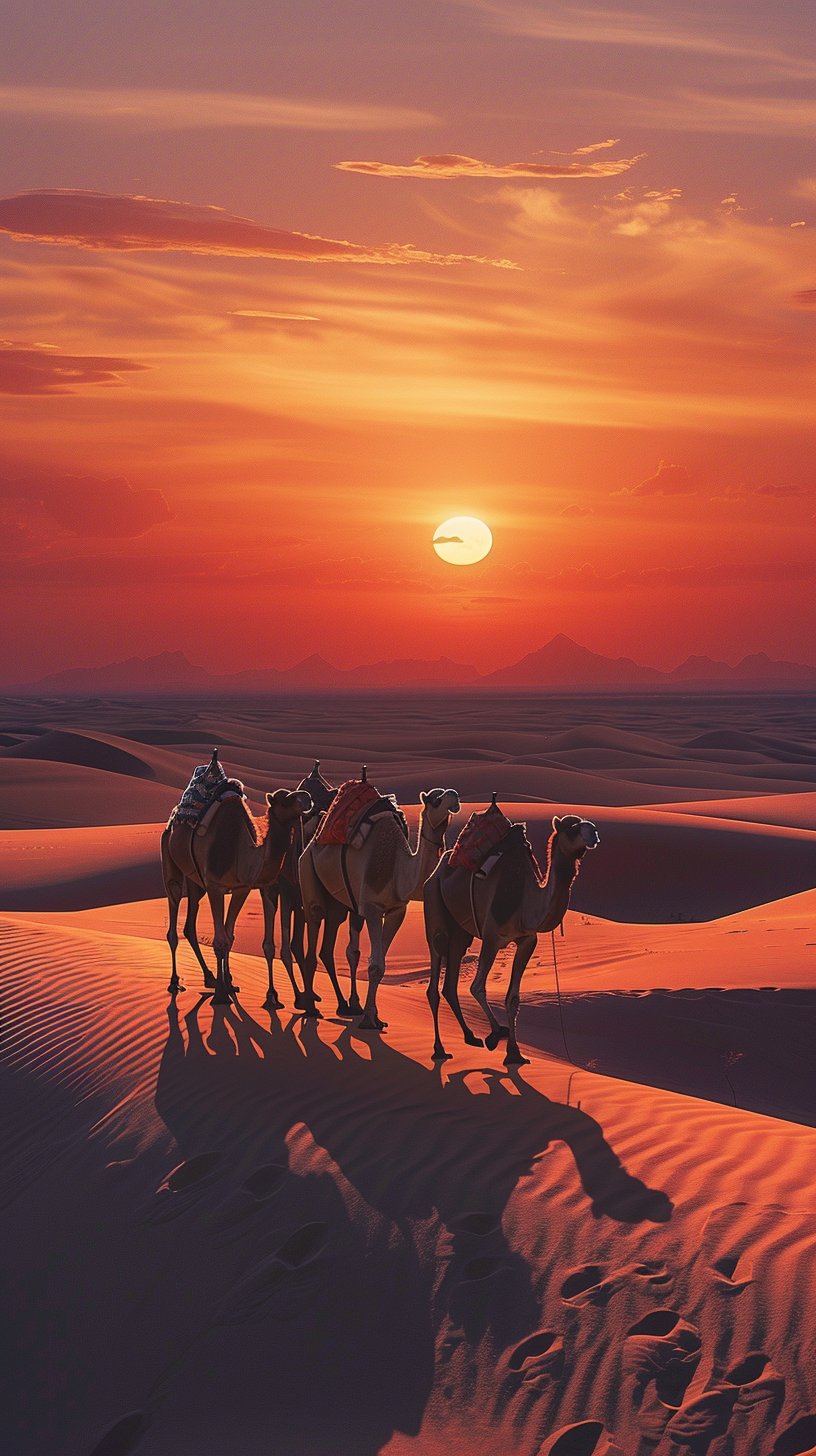 夕阳下的沙海之旅,骆驼队前行剪影美如画.
