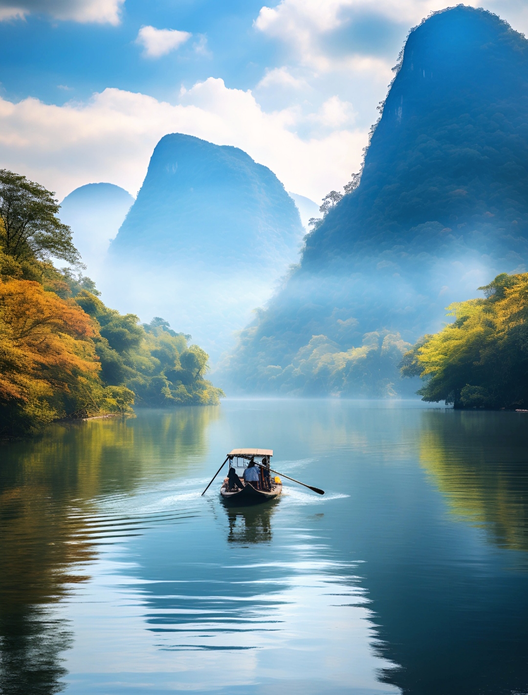 在这如诗如画的秋色里,一叶扁舟悠然荡漾.
