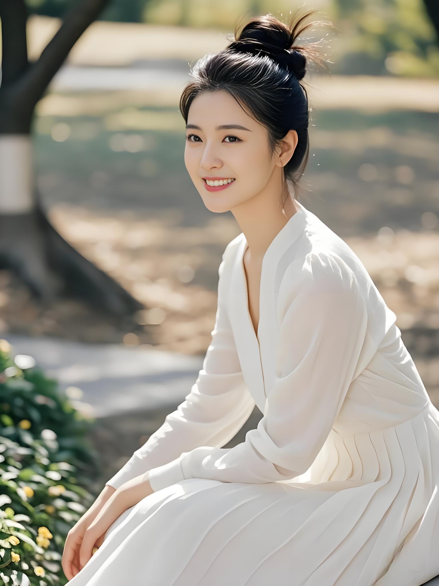 探寻秋日宁静之美:白衣女子的公园奇遇