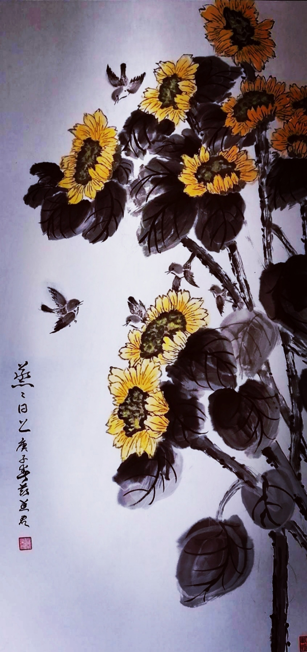 原创国画【蒸蒸日上向阳花】四尺整张  cctv—173频道,有个"每日一画"