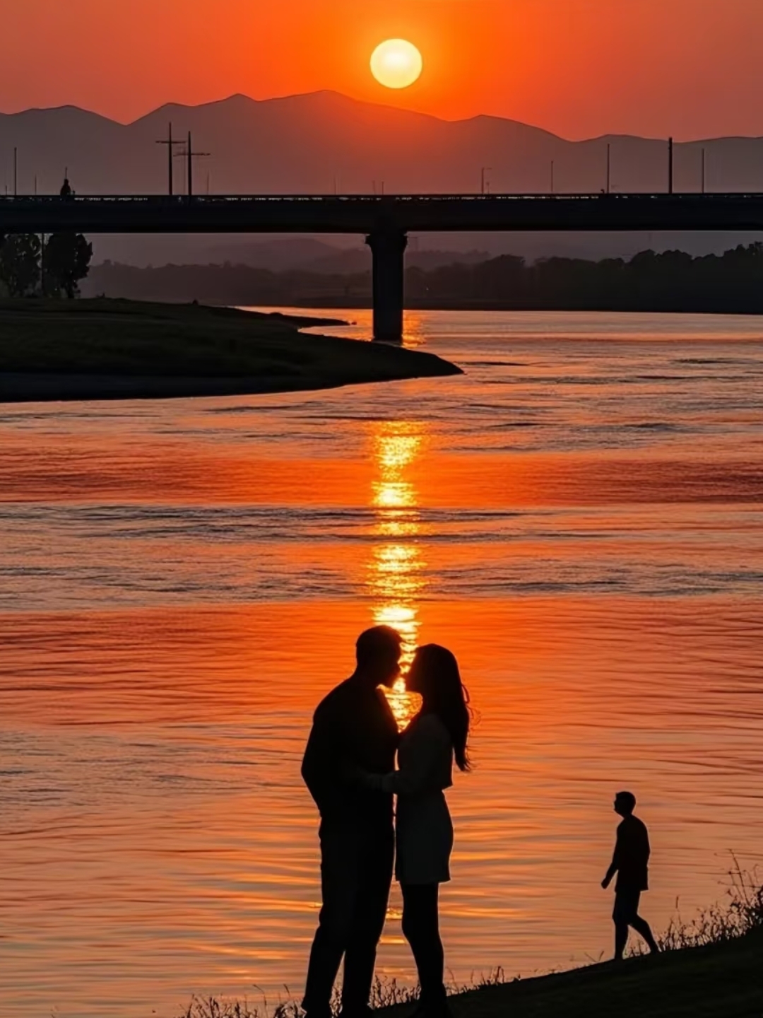 在湖边,夕阳似火,将天空与湖水染成醉人的橙红