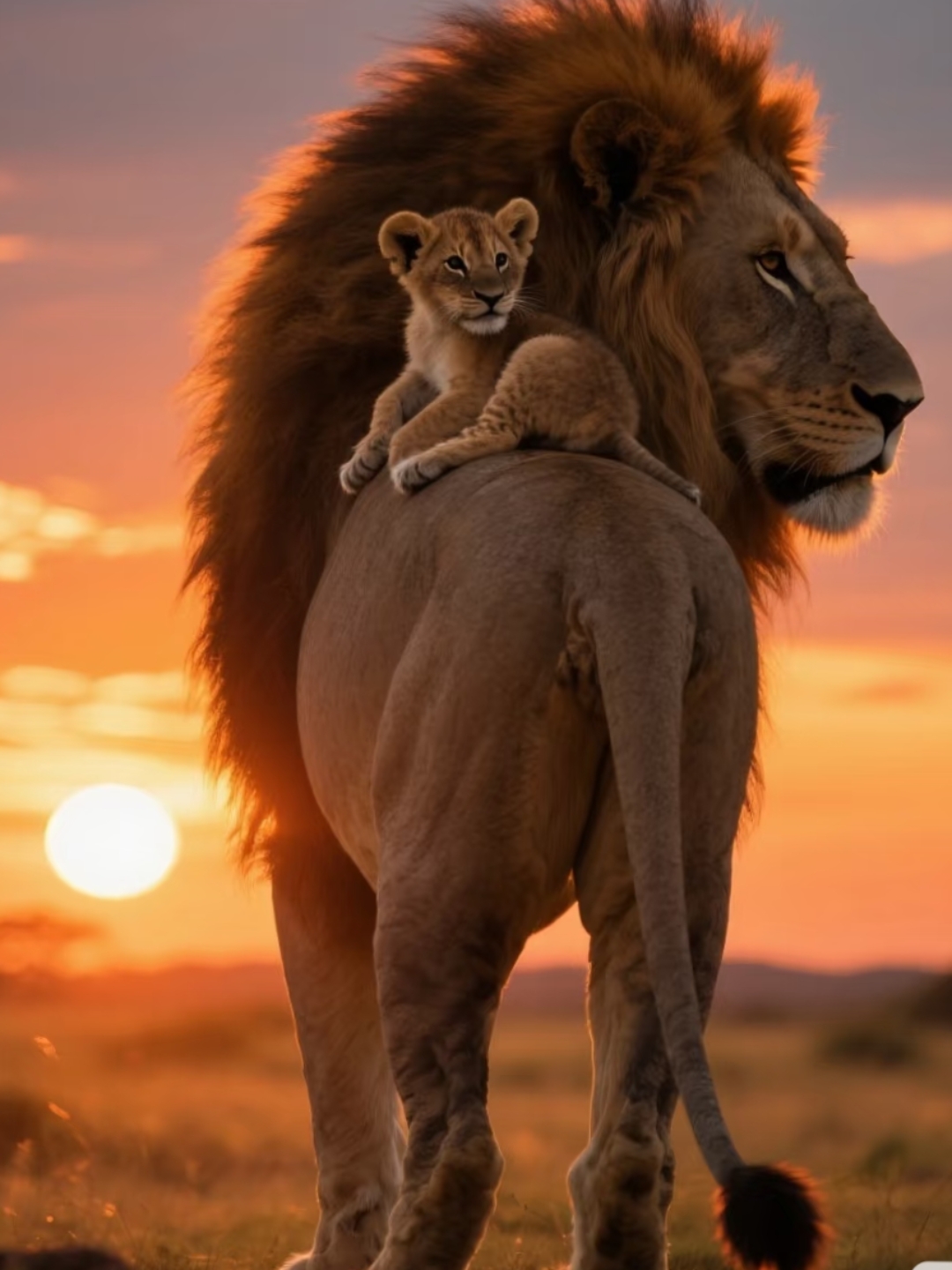 威风凛凛的狮子爸爸,鬃毛被余晖镶上金边,沉稳迈步