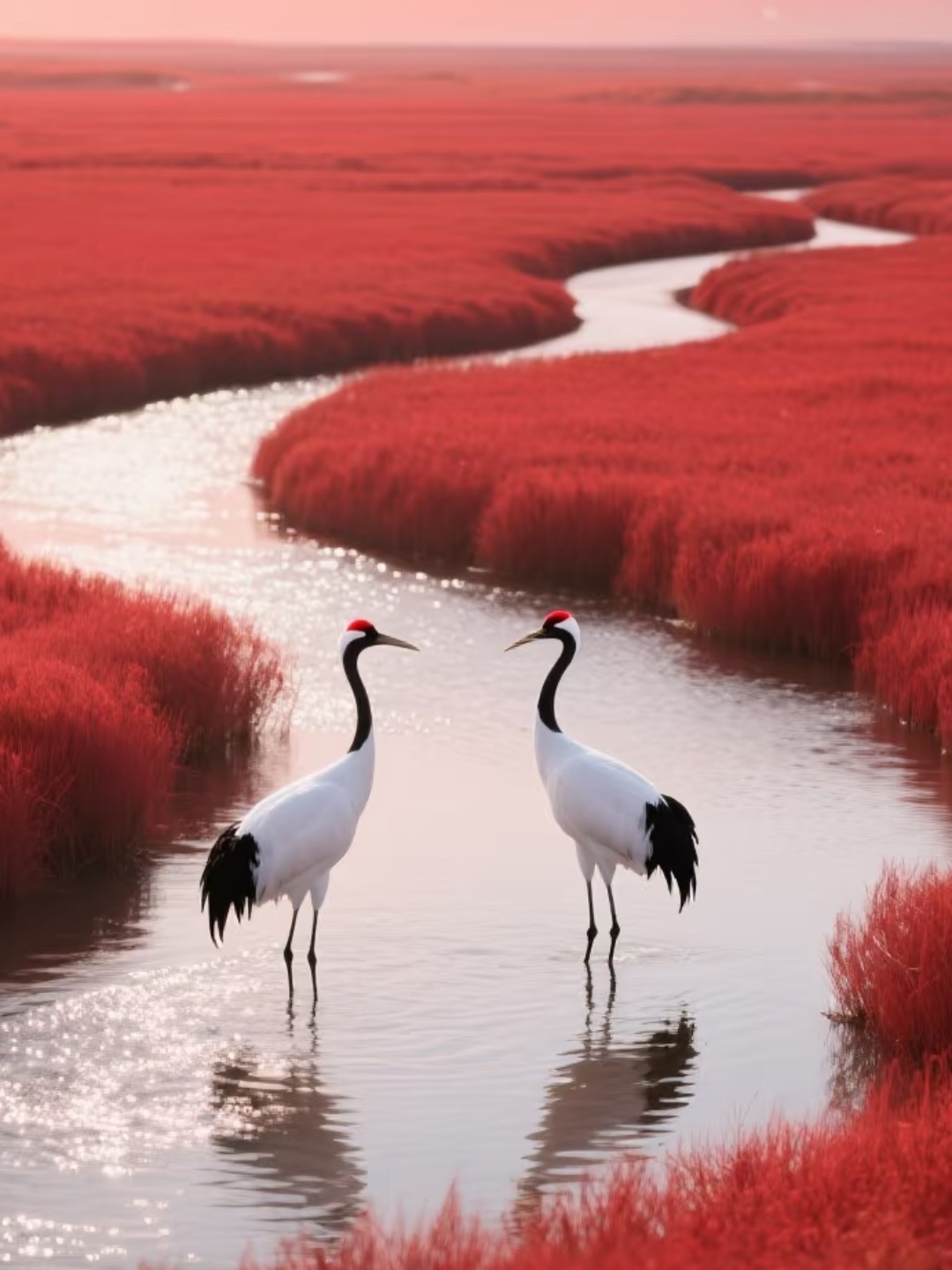 邂逅这片红滩盛景,丹顶鹤优雅伫立