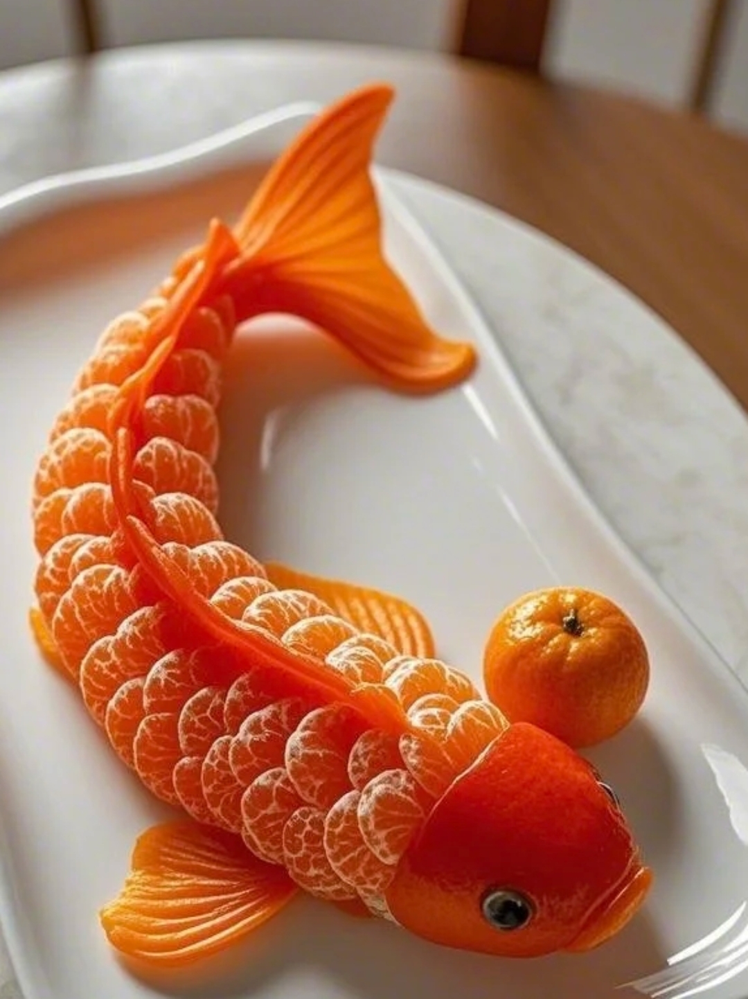 这道用橘子精心打造的锦鲤造型水果摆盘,宛如一件灵动的艺术品