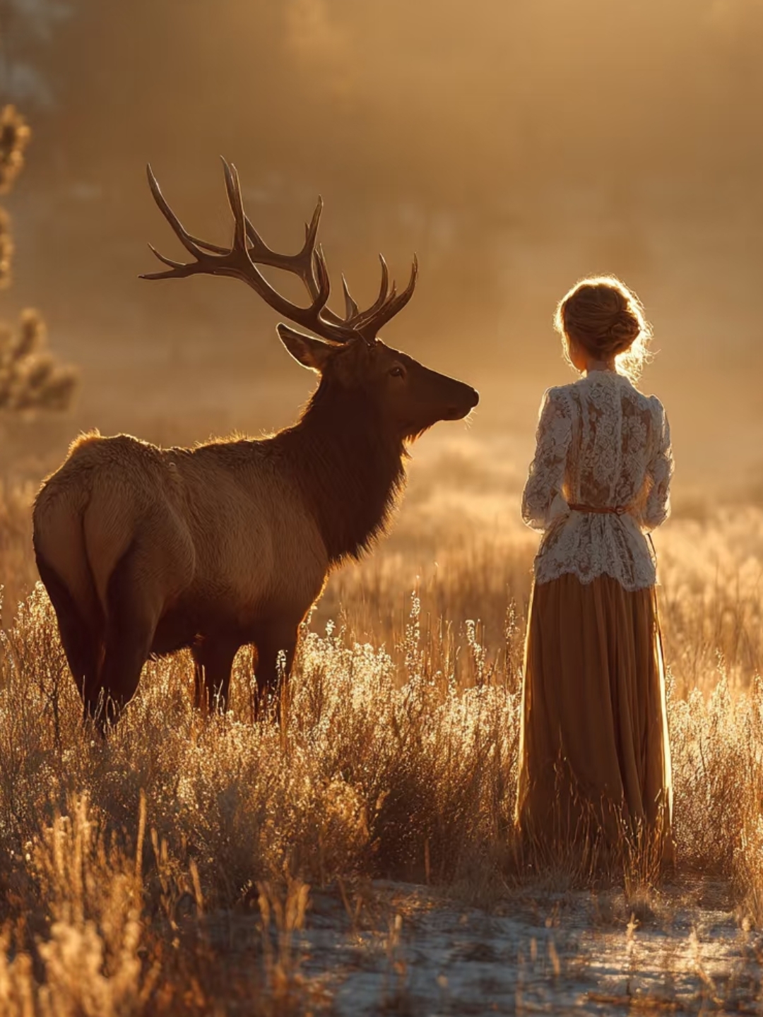 暮色漫染的旷野,麋鹿与女子相向而立 暖金阳光倾泻,给大地,生灵覆上
