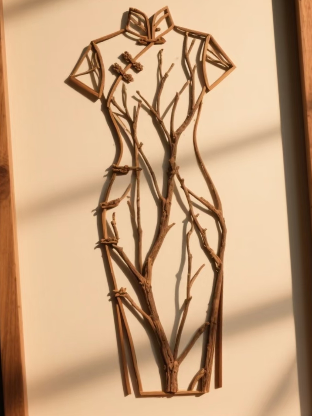 瞧这用树枝拼出的旗袍造型,框架勾勒出旗袍轮廓,盘扣,剪裁细节全在线