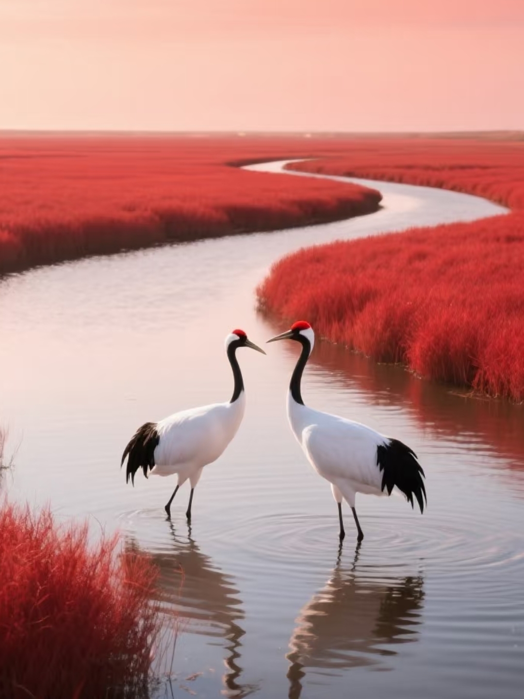 邂逅这片红滩盛景,丹顶鹤优雅伫立