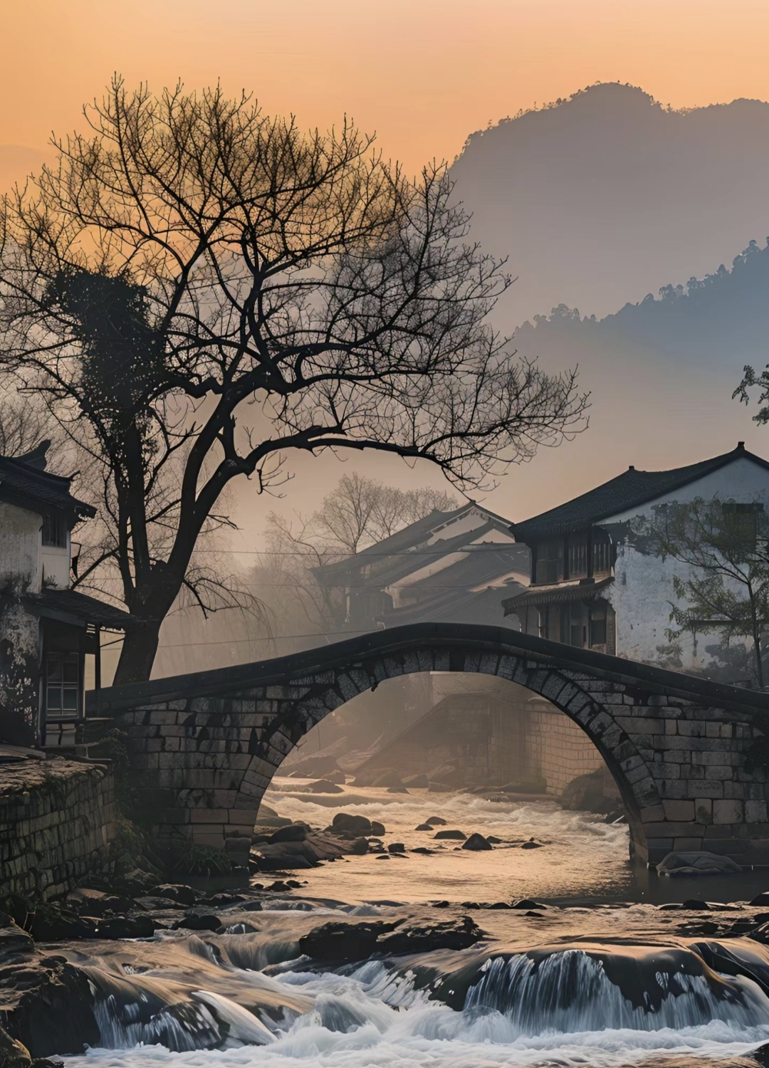 夕阳的暖光,为这幅"小桥流水人家"的画面披上一层诗意的薄纱