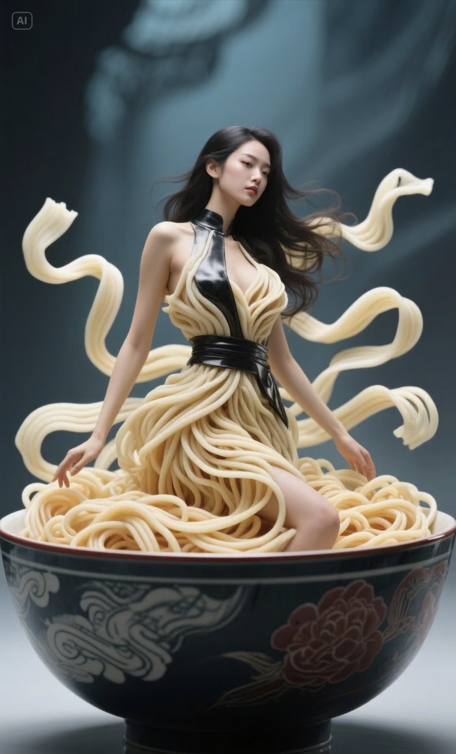 她身着由面条编织的华裳,袅袅婷婷