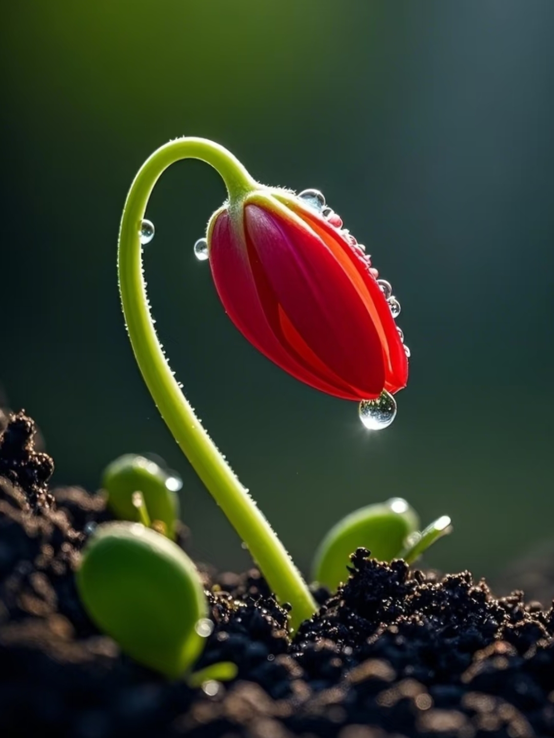 终于,鲜嫩绿茎破土而出,托着带露的红花苞,像举着梦想火炬