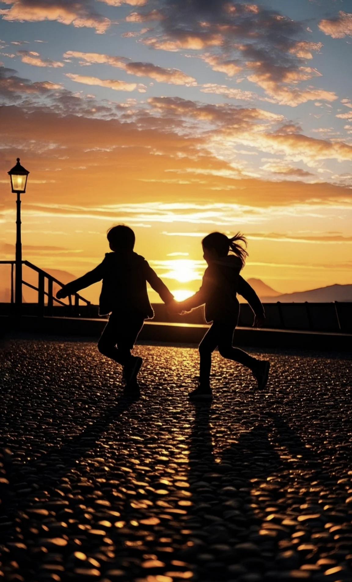 在夕阳下,父女俩尽情嬉戏