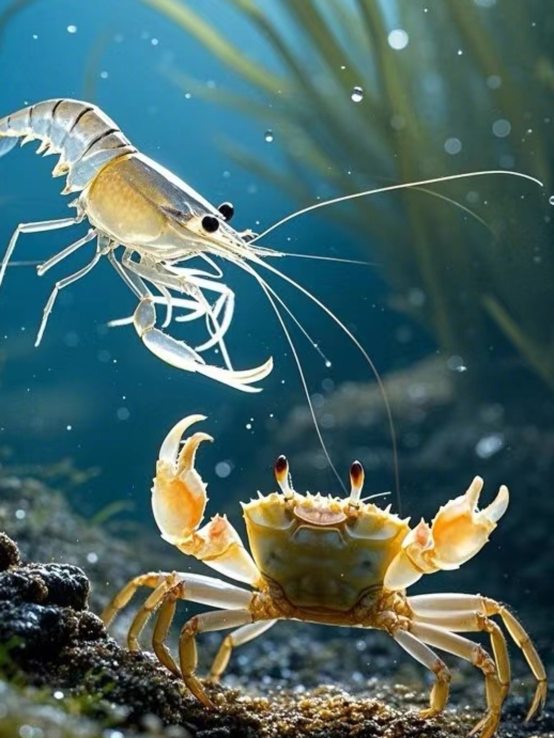 在溪流的浅滩处,虾兵与蟹将相映成趣