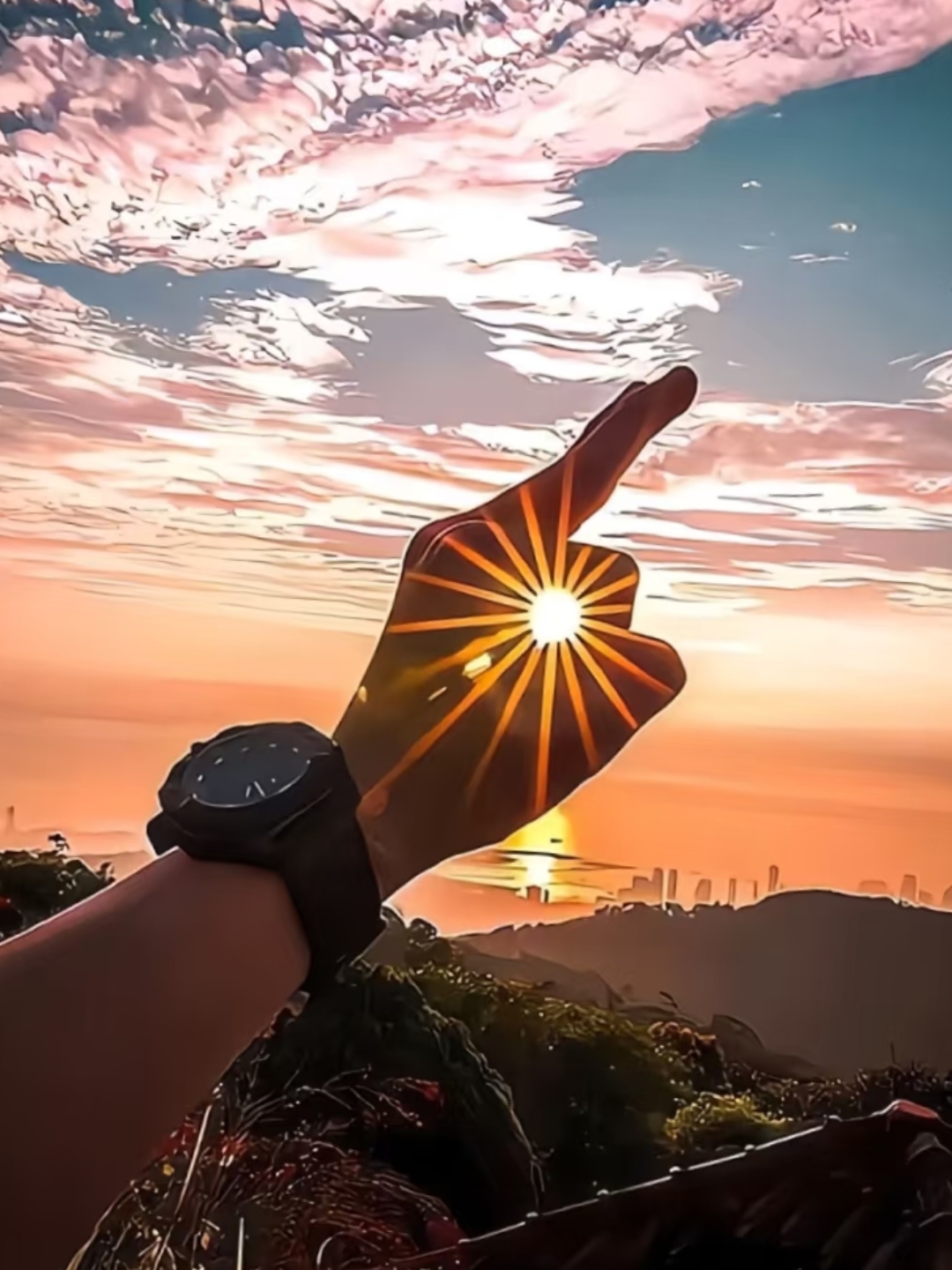 一只手在夕阳下比出独特手势,阳光从指缝间炸出金灿灿的光,像握住了