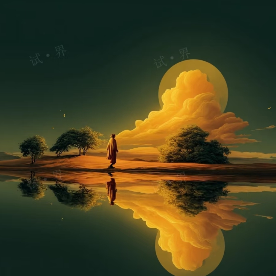 水面如镜,倒映着孤影与残阳,分不清哪个是现实,哪个是虚妄