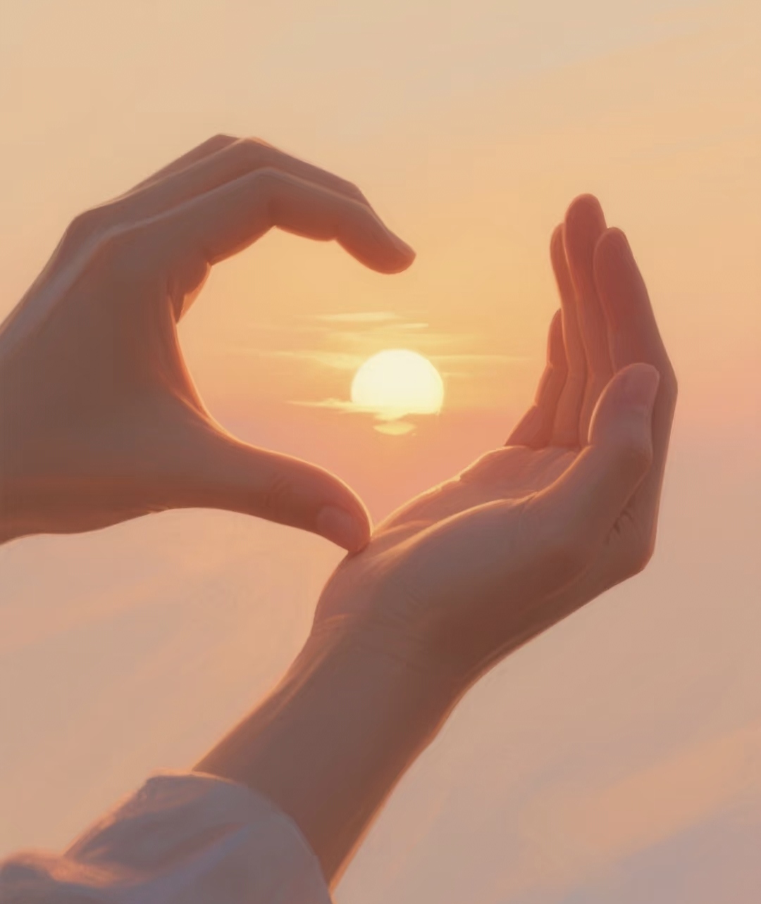 夕阳西沉,双手比心,把落日捧在掌心