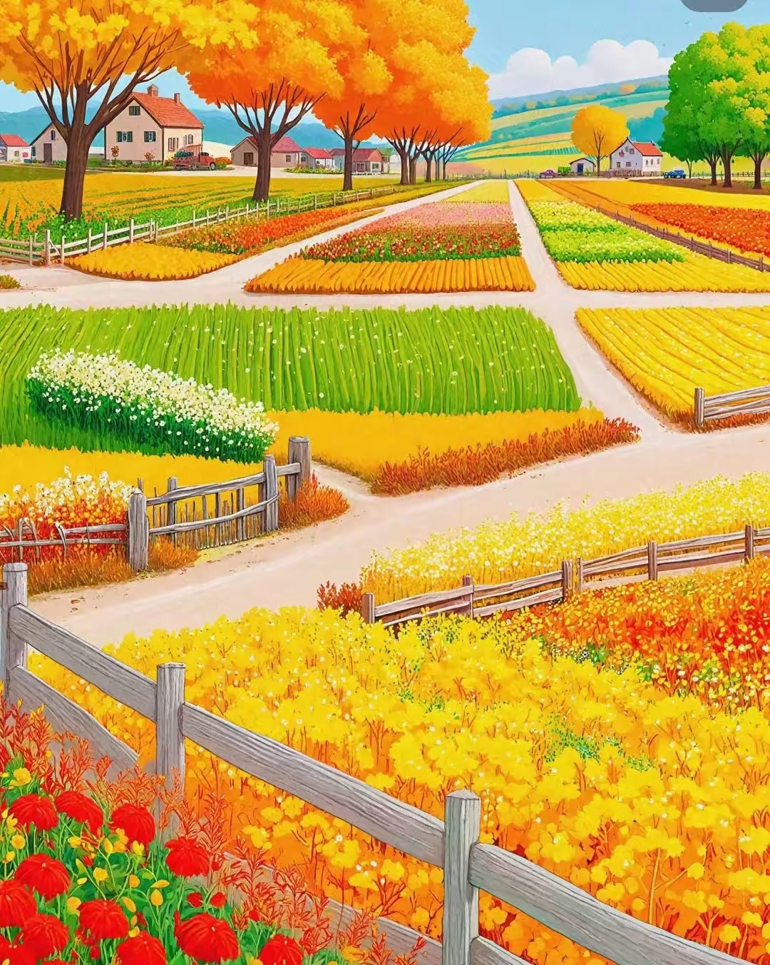 哇,这秋天的农场画得太美了!色彩斑斓,让人心情大好!