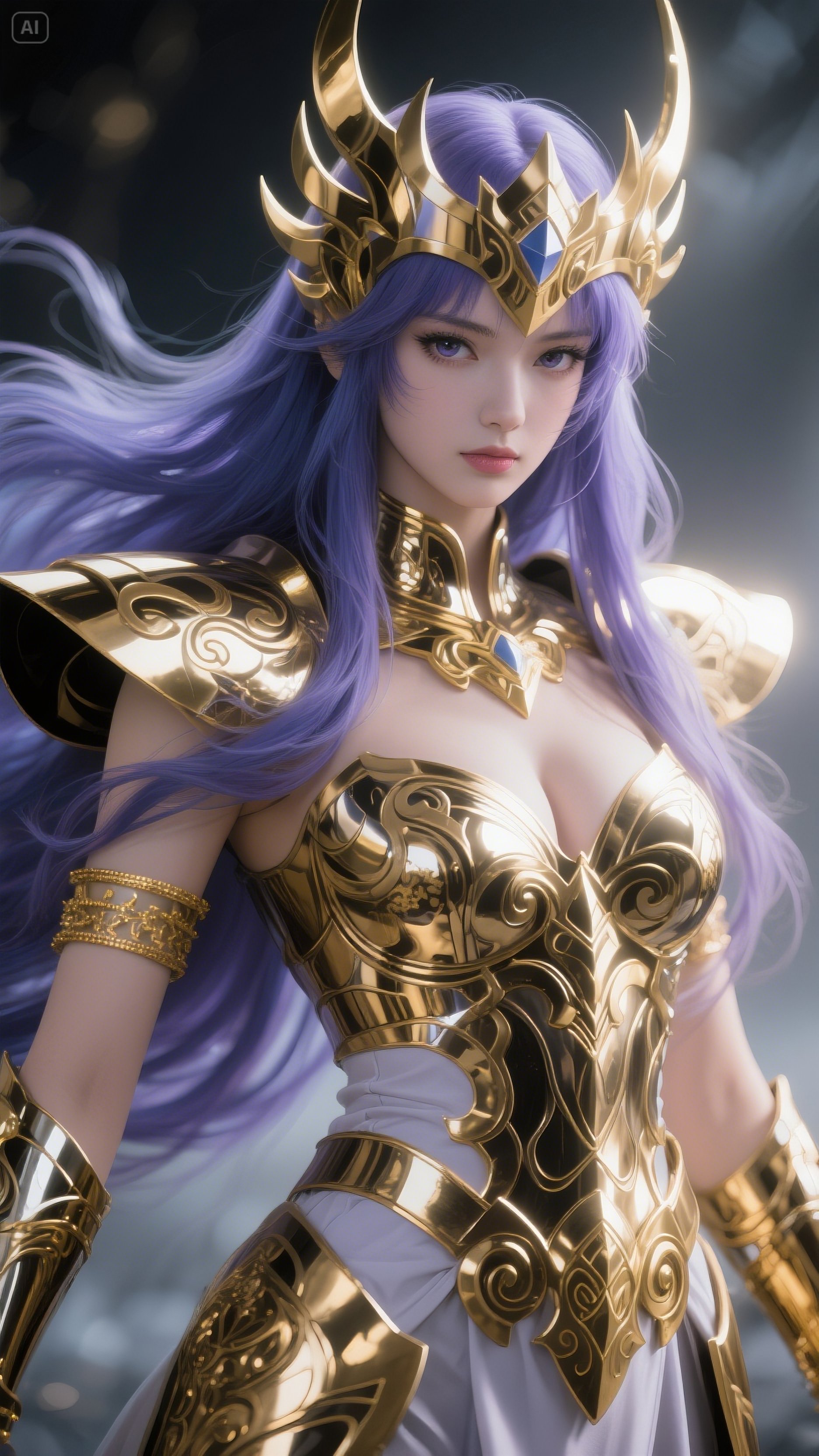 液态金属装甲,冥斗士雅典娜,城户纱织,蓝紫色长发,女神的圣斗士#ai