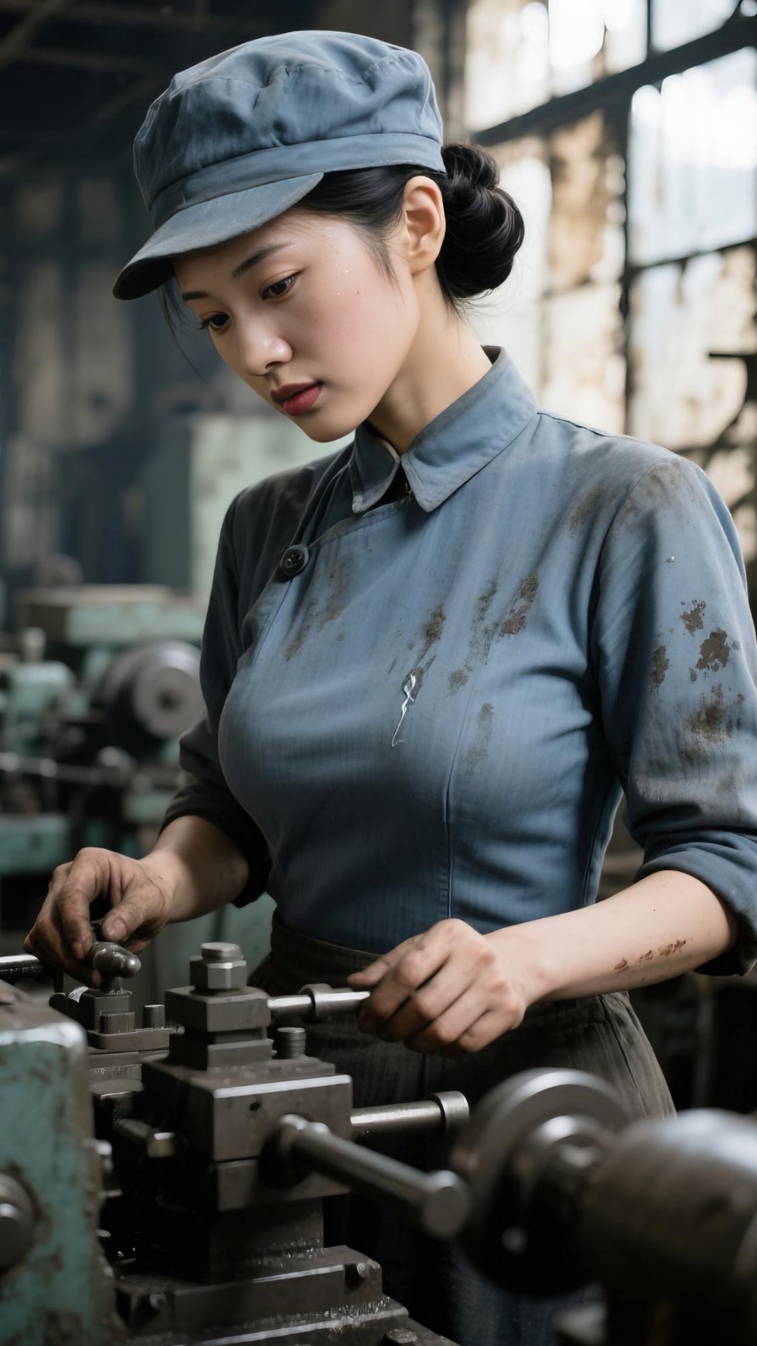 在车间里,她专注地操作着机器,脸上沾着辛勤劳动的痕迹