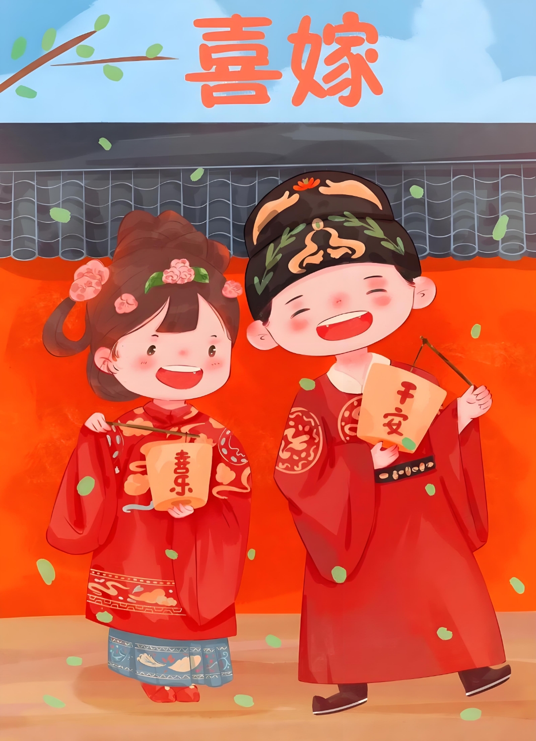 古代大喜日子图片吉时已到结婚图片新婚堵门卡通图人生四喜图画贺喜事