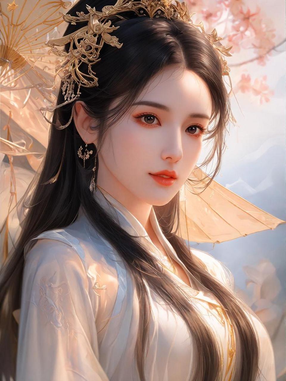 一位身着古装的女子,发饰华丽,长发及腰,她的眼神中仿佛流淌着远古的