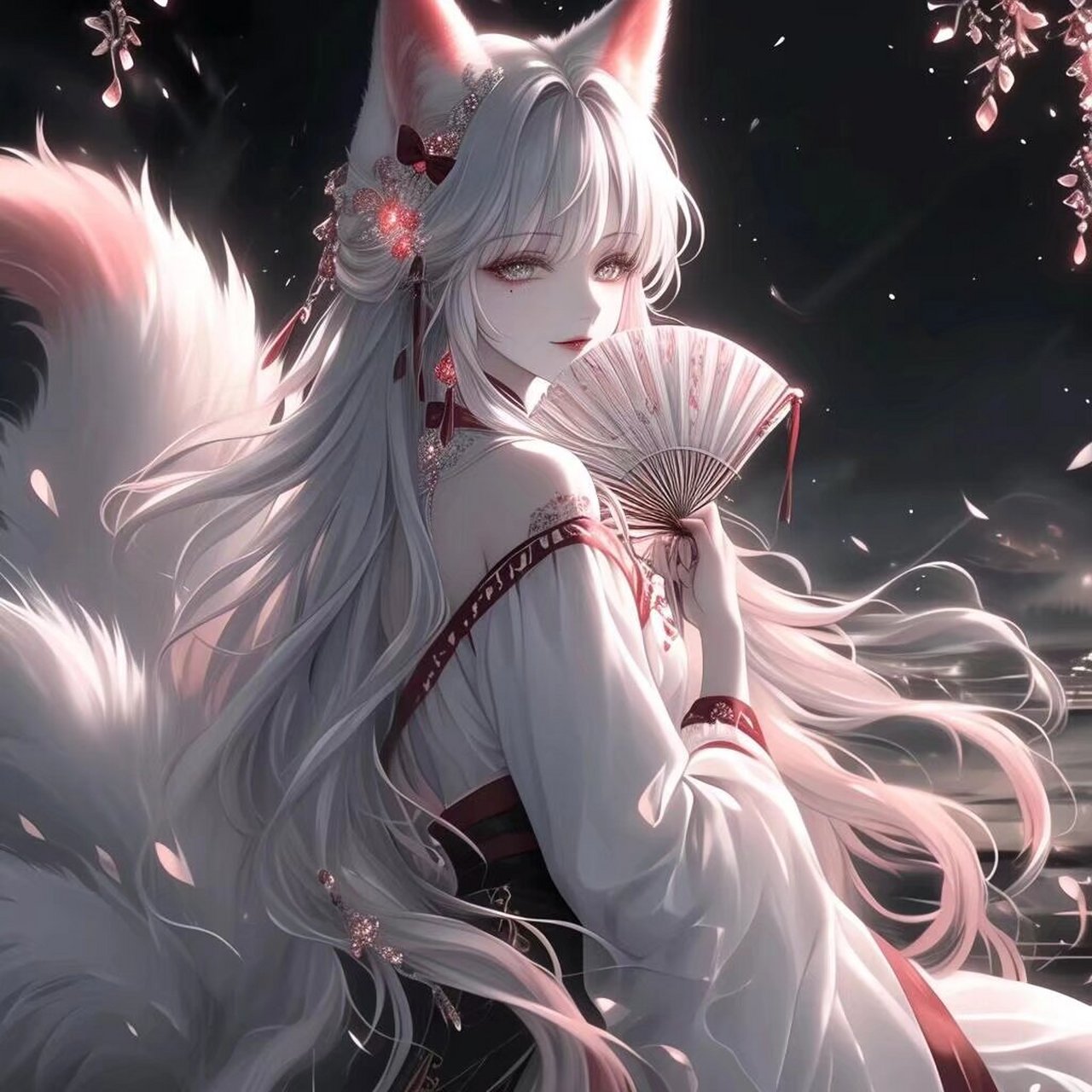 她的白色长发飘逸如丝,脸上的红色花纹增添了几分神秘感.
