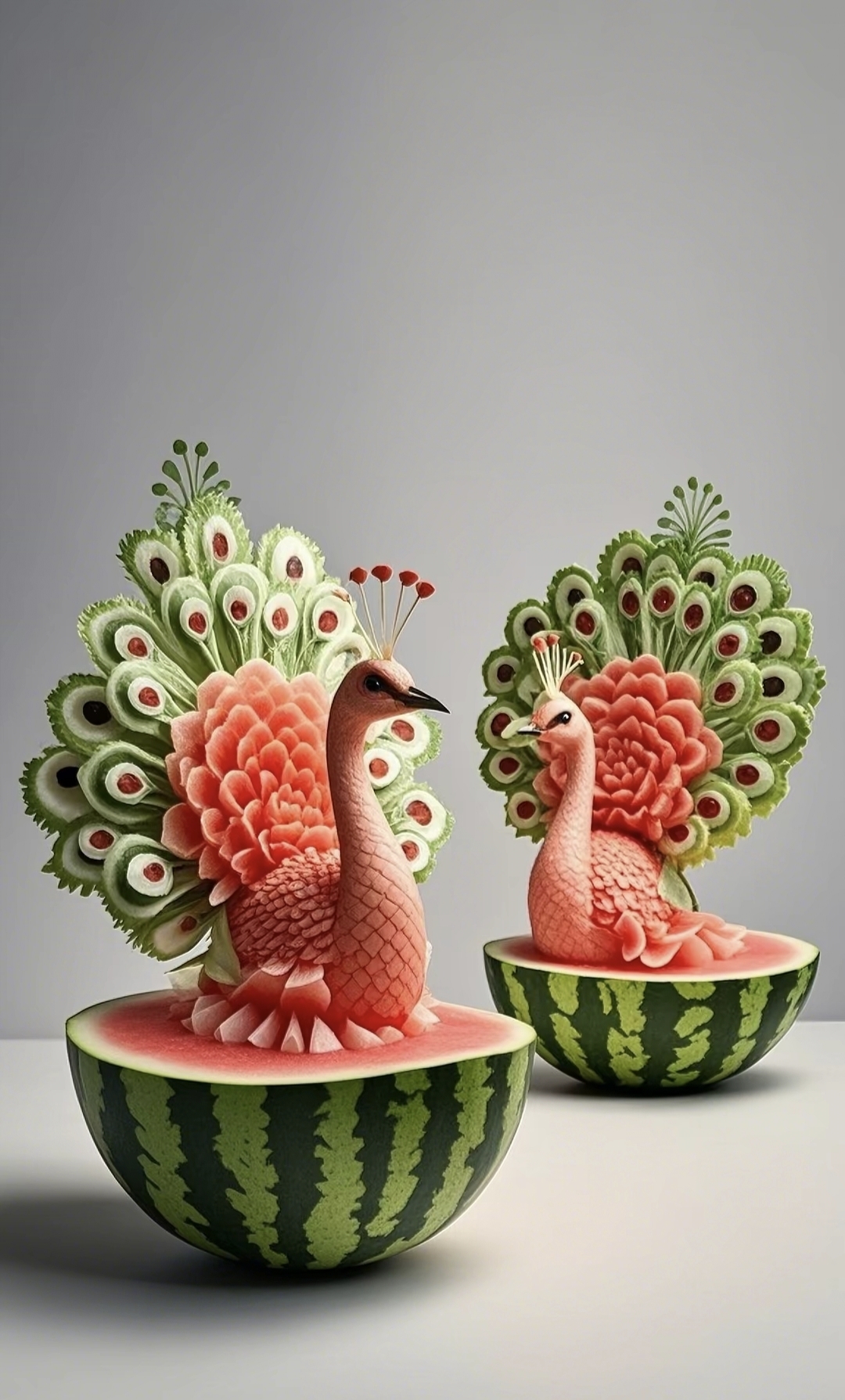 哇,这西瓜雕刻的孔雀也太惊艳了,艺术感满满,忍不住想要多看两眼!