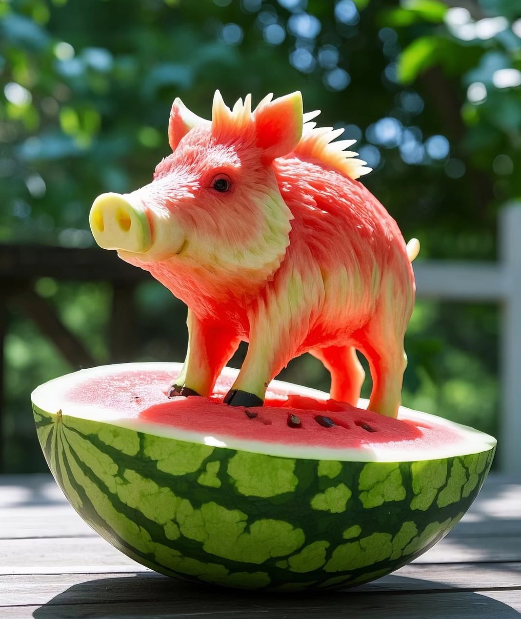 这西瓜雕刻的小猪也太萌了吧,忍不住想捏捏它的脸颊!#艺术生活化