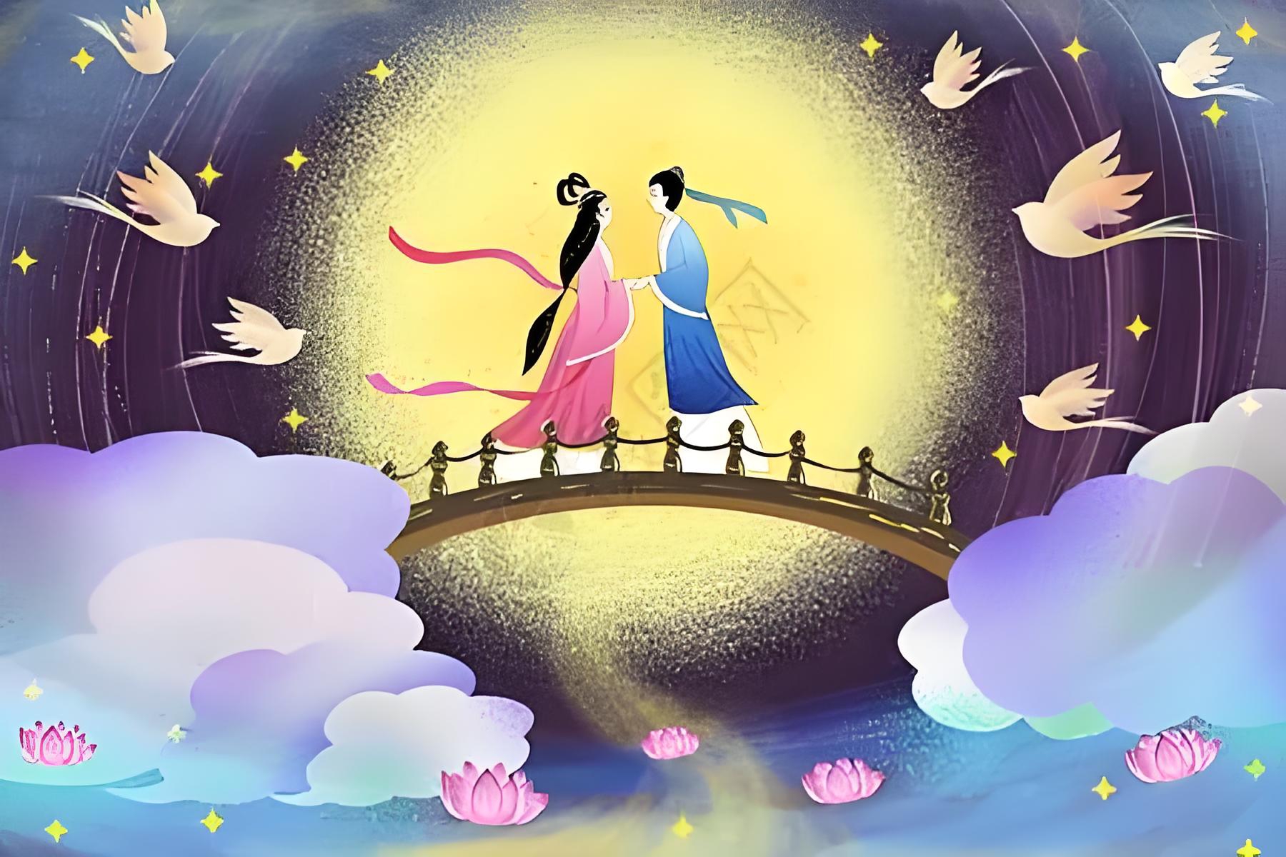 注:鹊梁,鹊牵牛织女照片郧西县七夕文化图片牛郎与织女在鹊桥上相会的